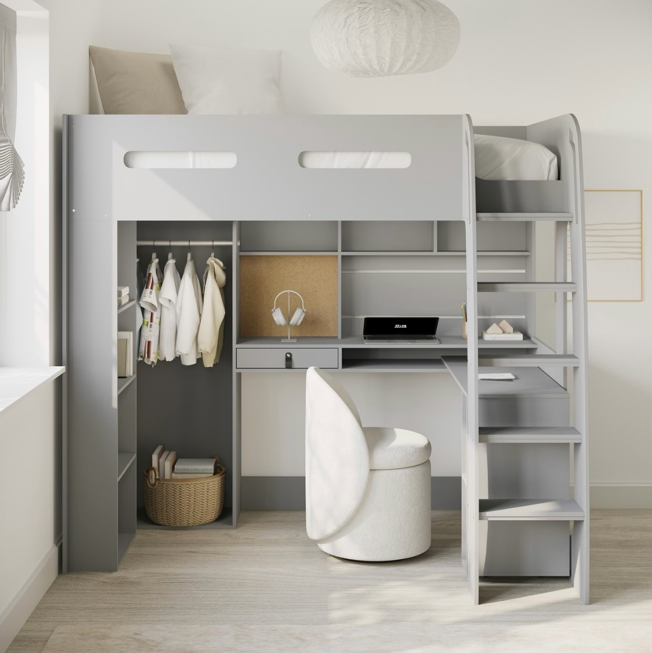 Kids Grey High Sleeper Bed Frame Single with Desk and Clothes Rail
