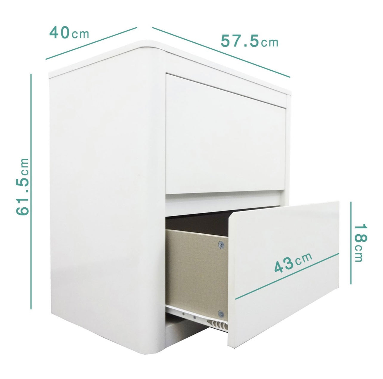 White Bedside Table Wooden 2 Drawers and Curved Edges