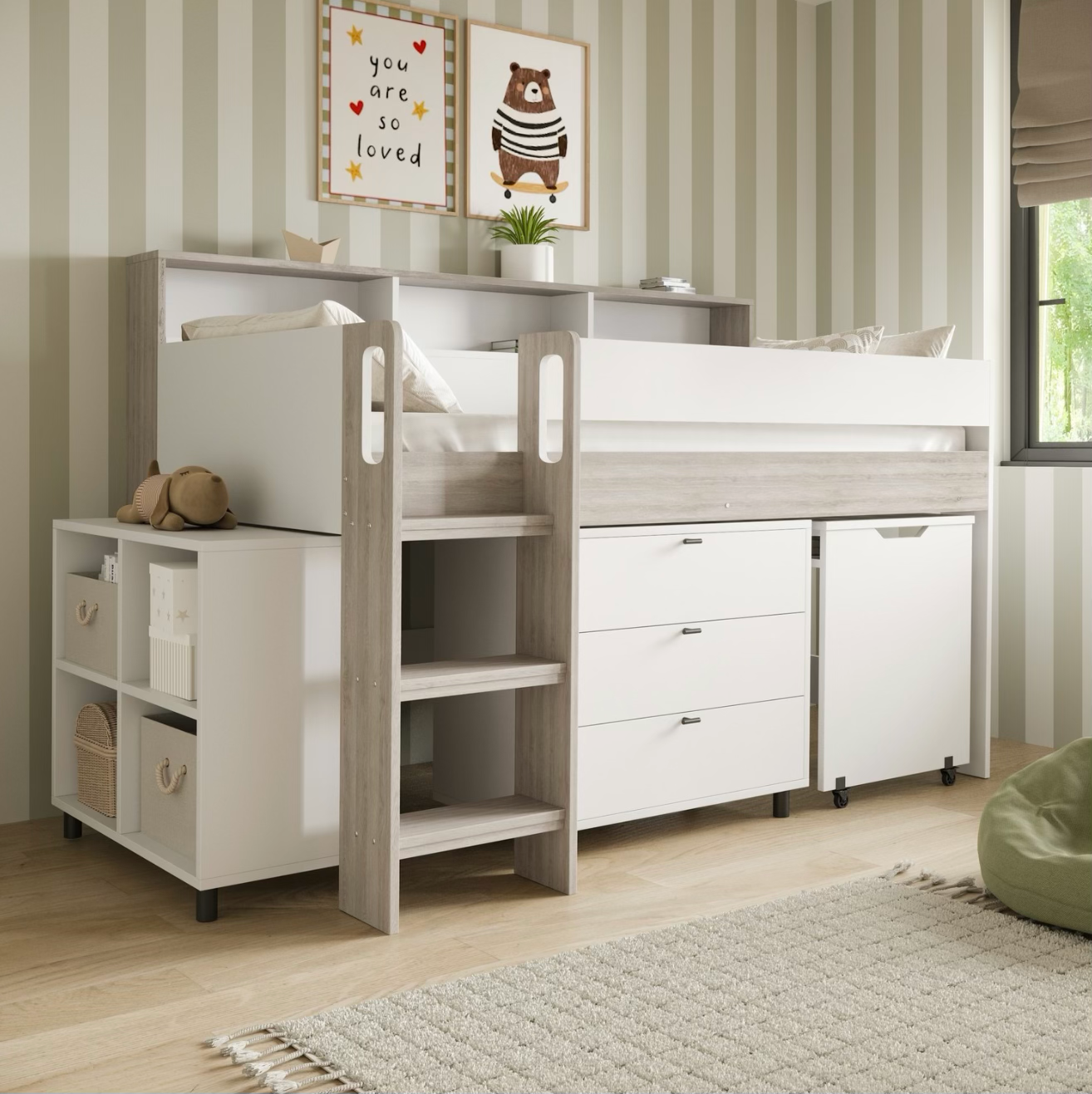 Kids Cabin Bed Mid Sleeper Single with Storage Drawers and Desk