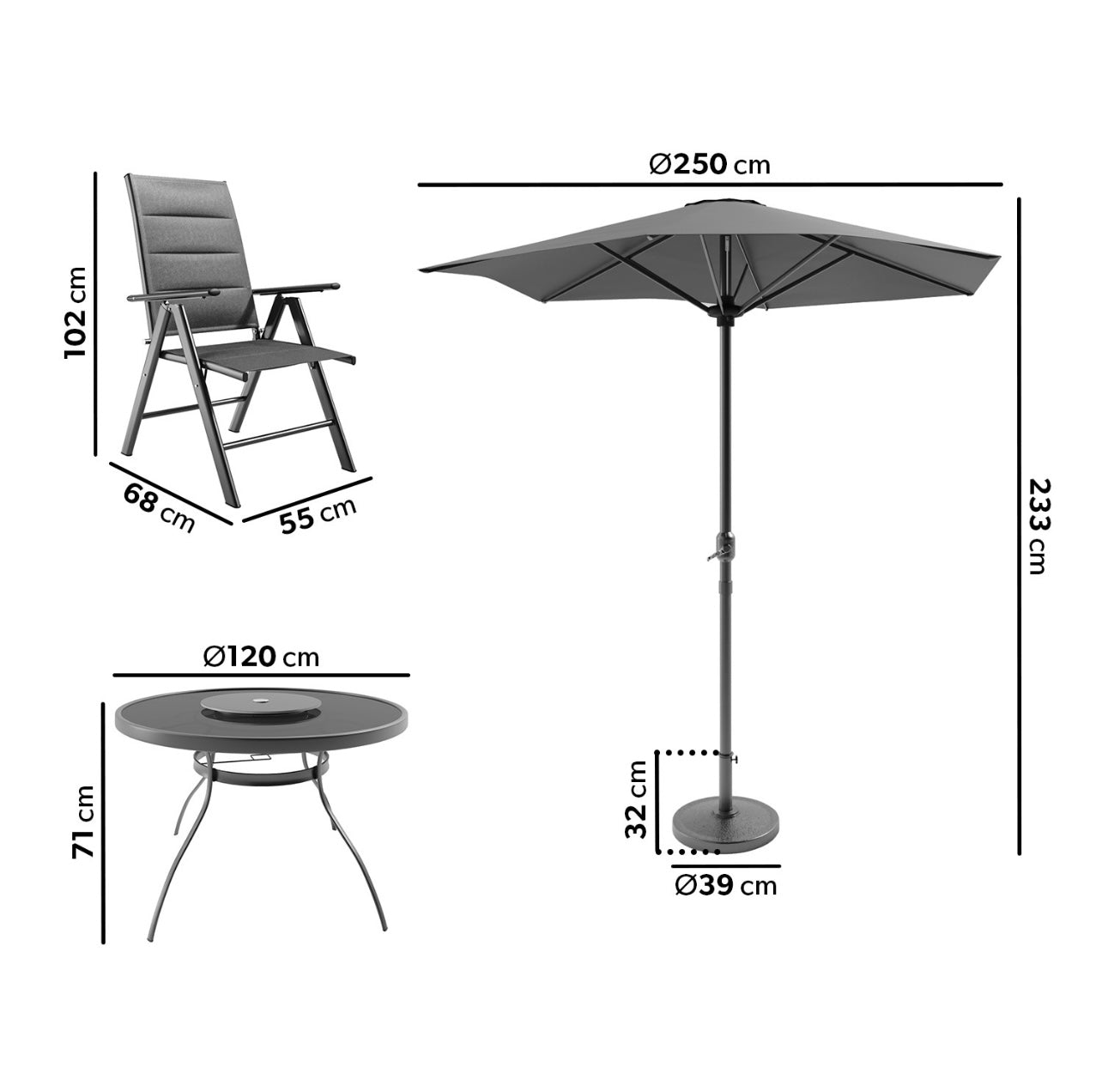 Grey Garden Dining Set with Reclining Chairs Outdoor Patio