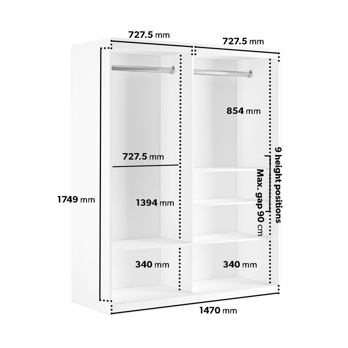 White Wardrobe Double Mirrored with Shelves