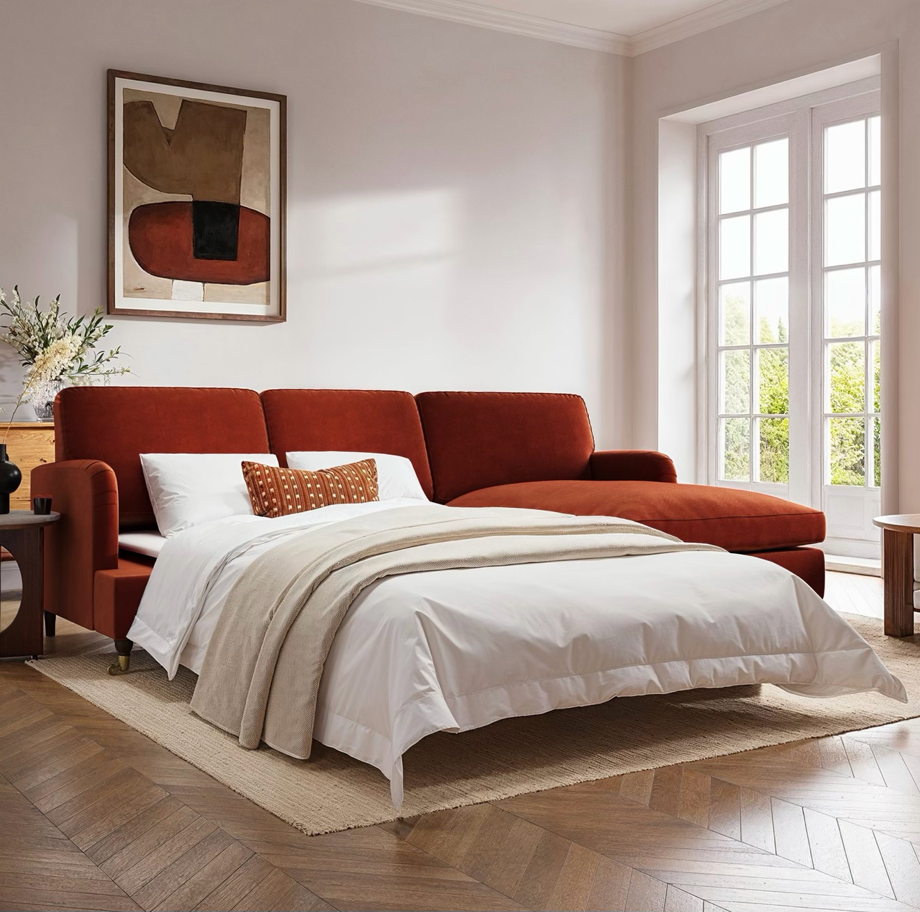Sofa Bed Four Seater Velvet Sleeper Sofa with Mattress and Cushions