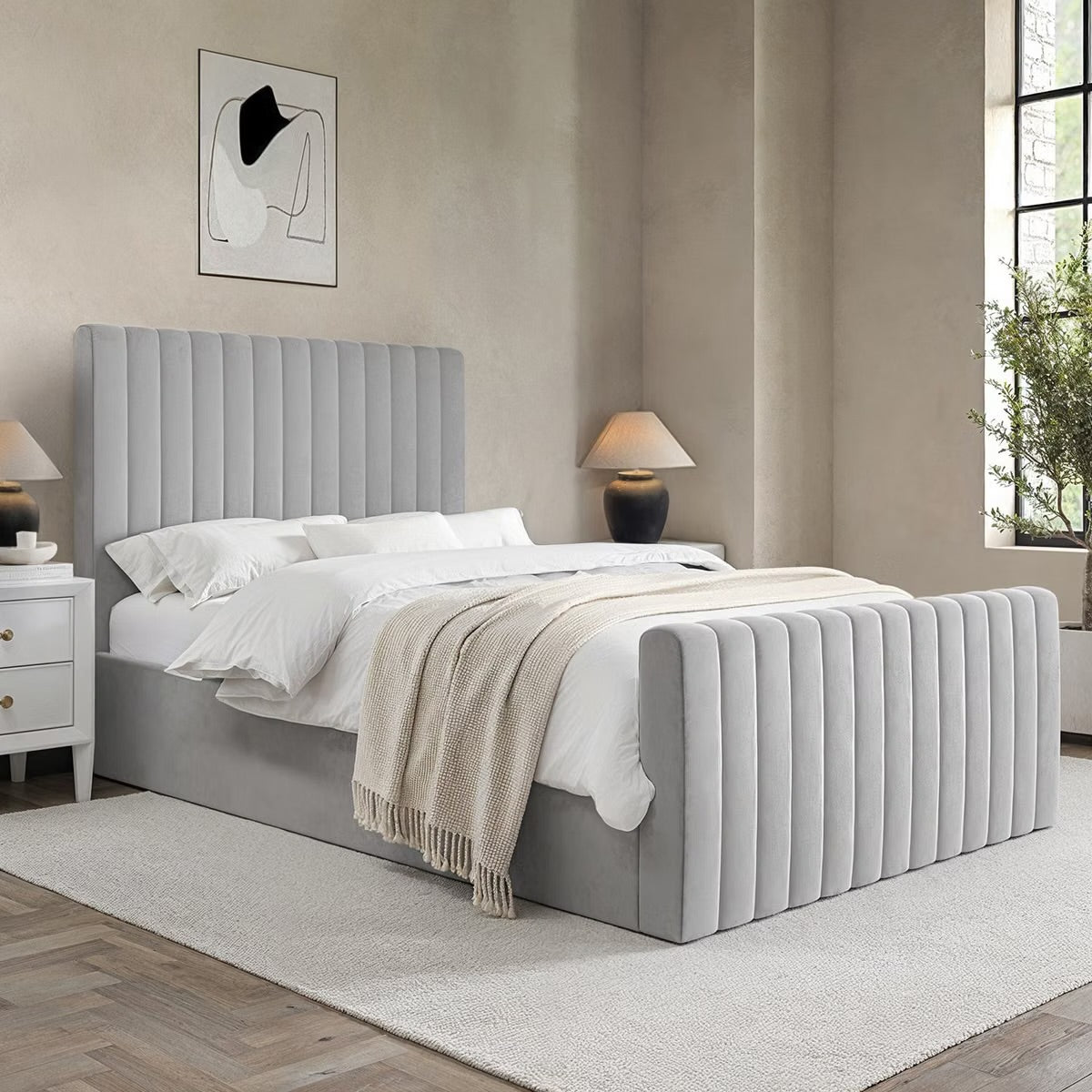Velvet Double Bed Grey Ottoman with Storage Gas Lift