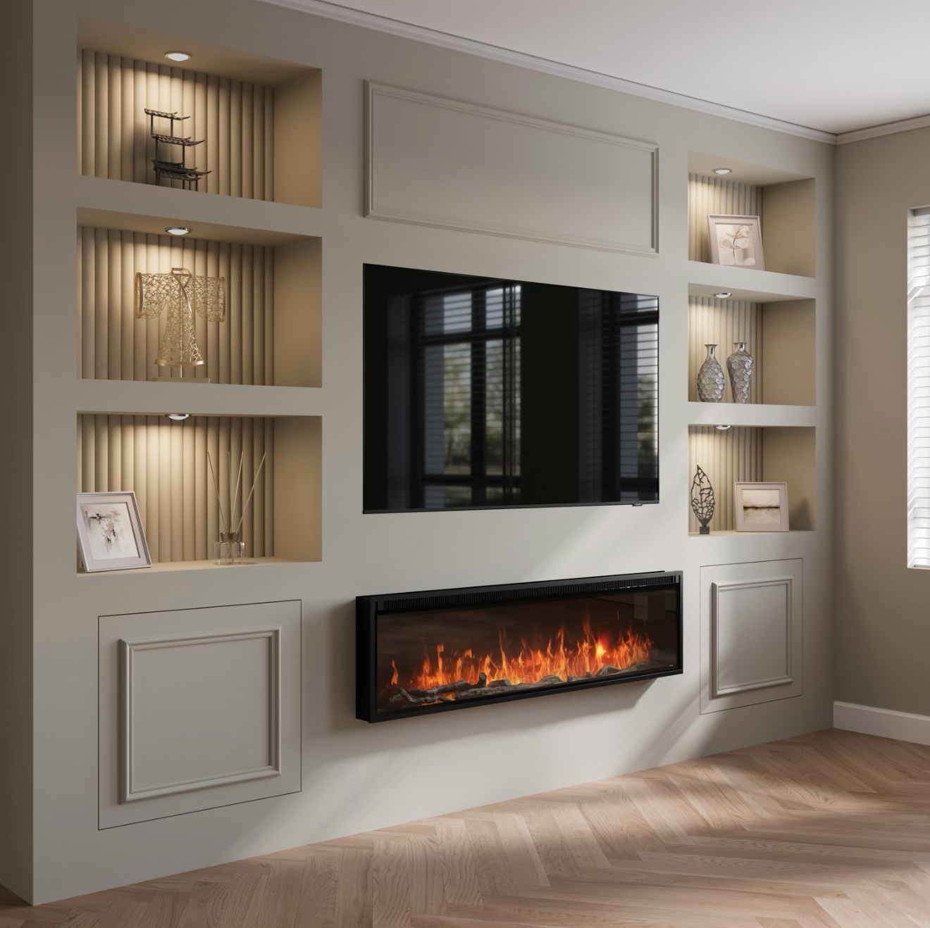 Inset Electric Fire Media Wall 60 Inch with LED Flame and Remote Control