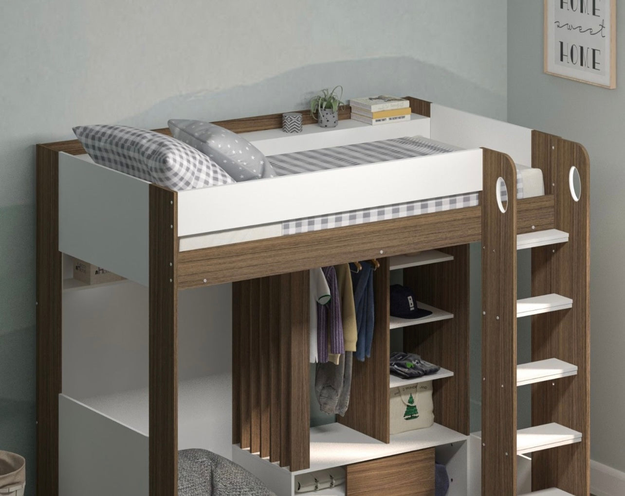 Kids High Sleeper Bed with Wardrobe and Integrated Storage