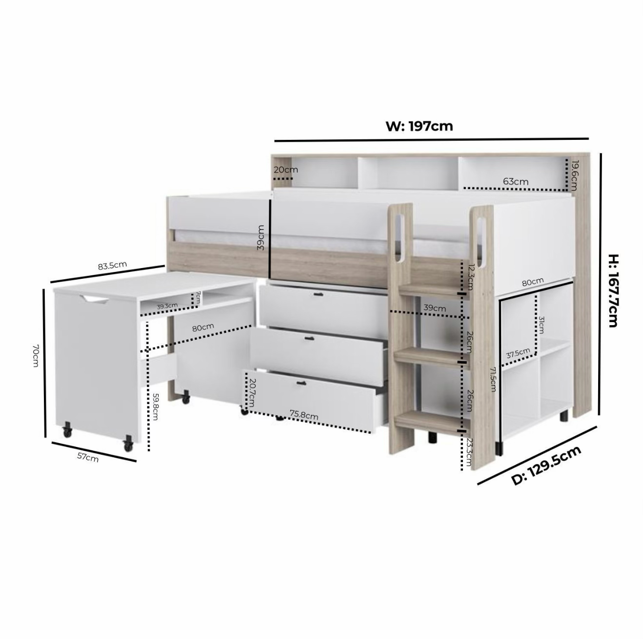 Kids Cabin Bed Mid Sleeper Single with Storage Drawers and Desk