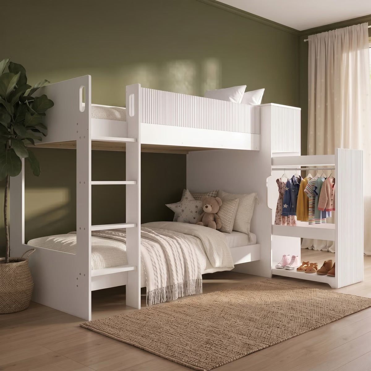 Kids Bunk Bed White with Wardrobe and Storage