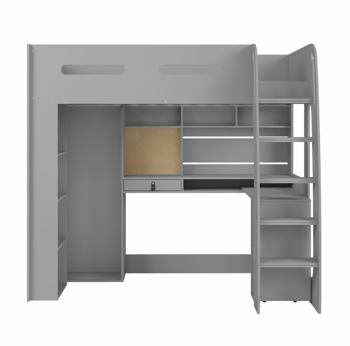 Kids Grey High Sleeper Bed Frame Single with Desk and Clothes Rail