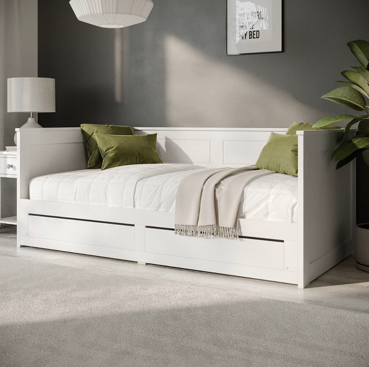 White Daybed Guest Double Bed with Pull Out Trundle and Storage Drawers