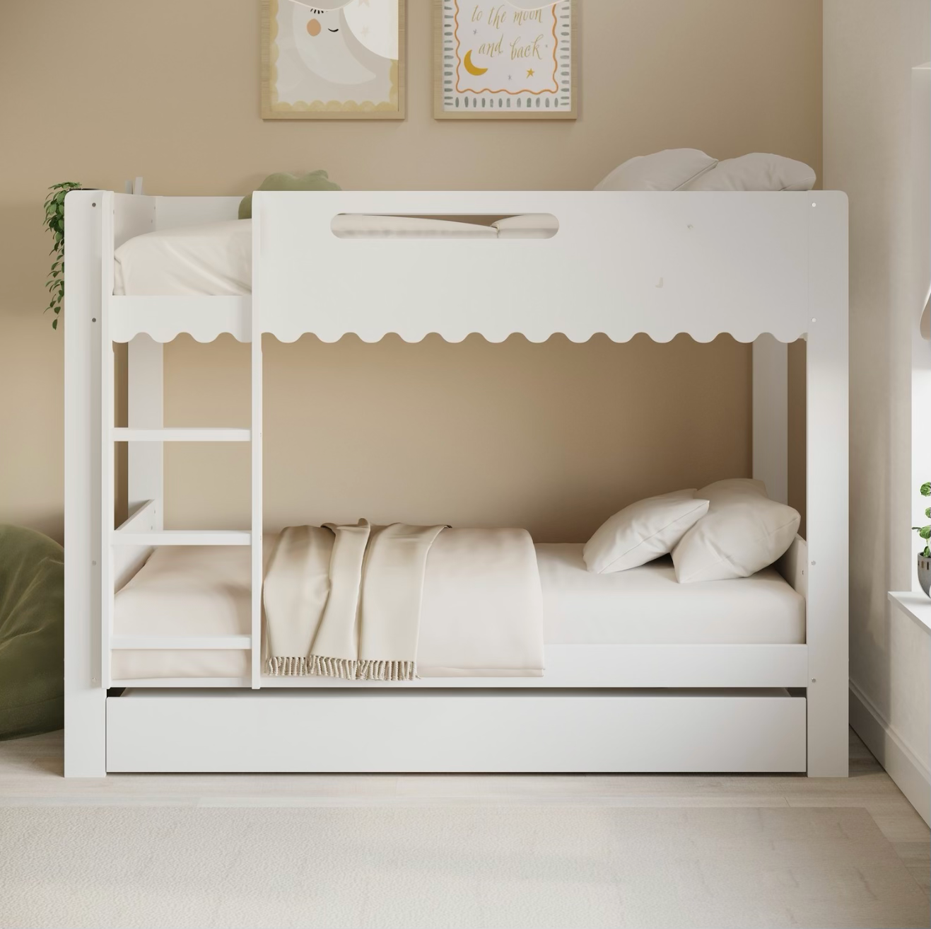 Kids Triple Bunk Bed White with Trundle