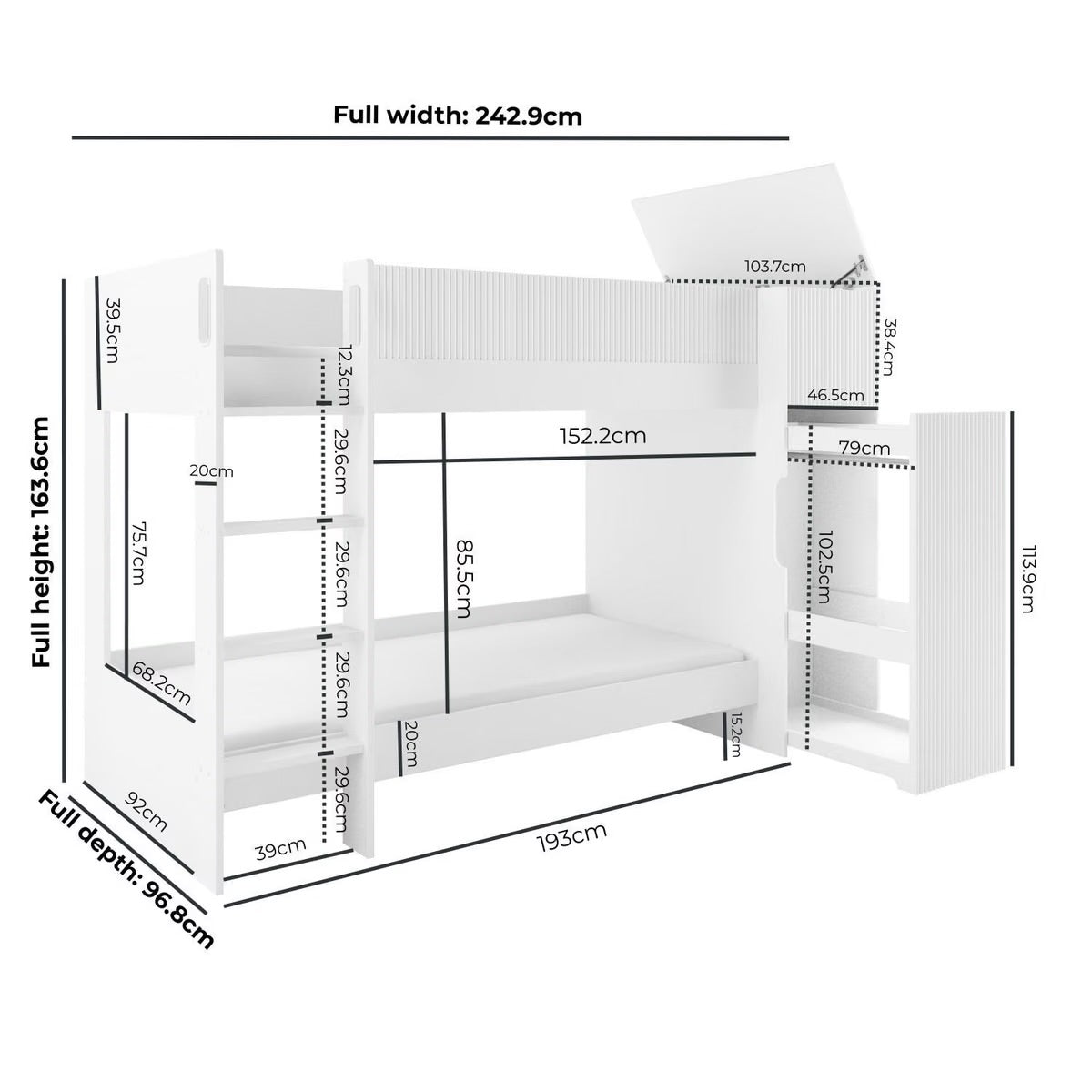 Kids Bunk Bed White with Wardrobe and Storage