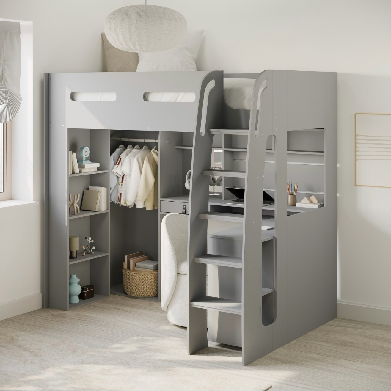 Kids Grey High Sleeper Bed Frame Single with Desk and Clothes Rail
