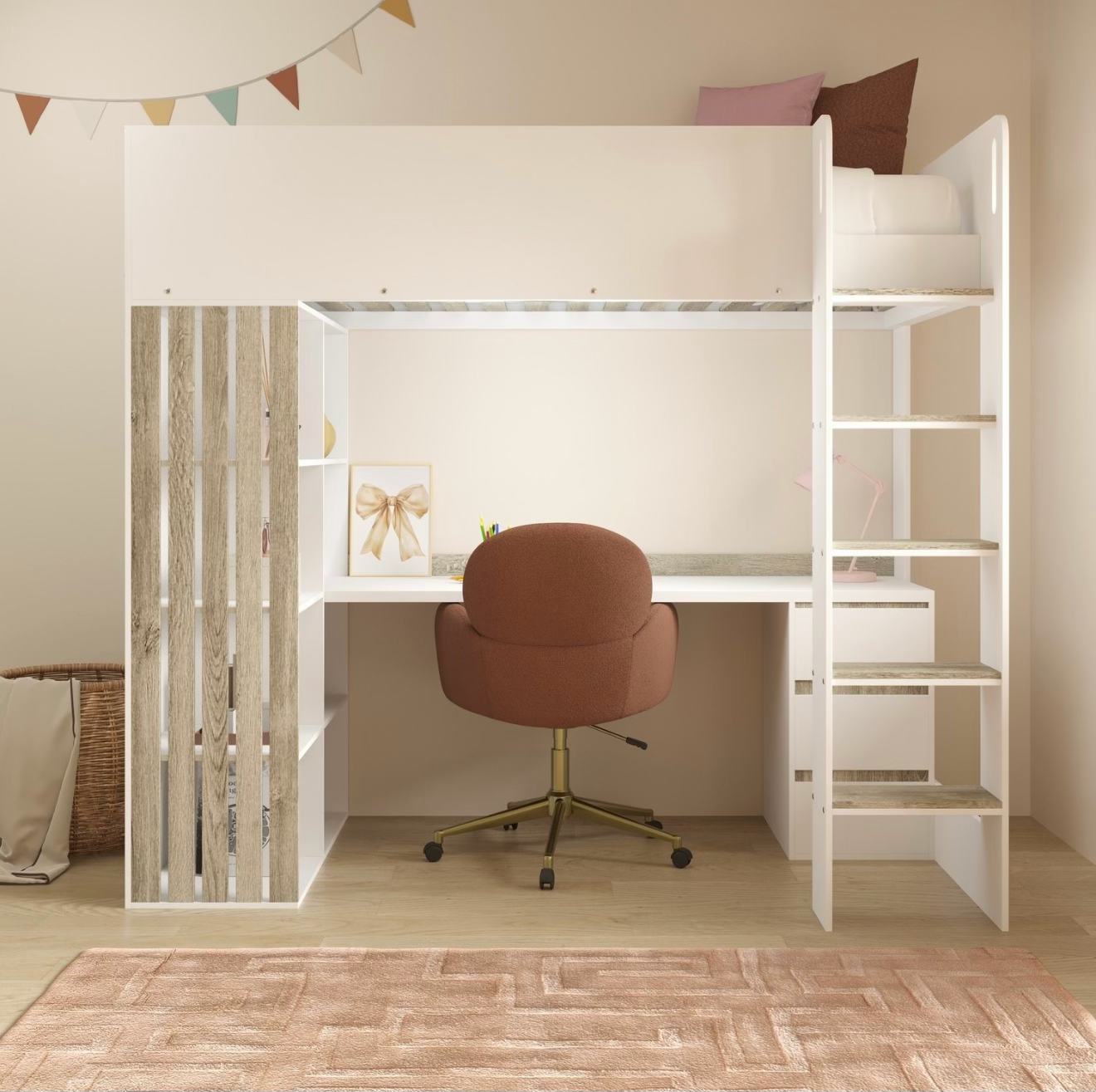 Kids High Sleeper Bed Single with Desk and Storage