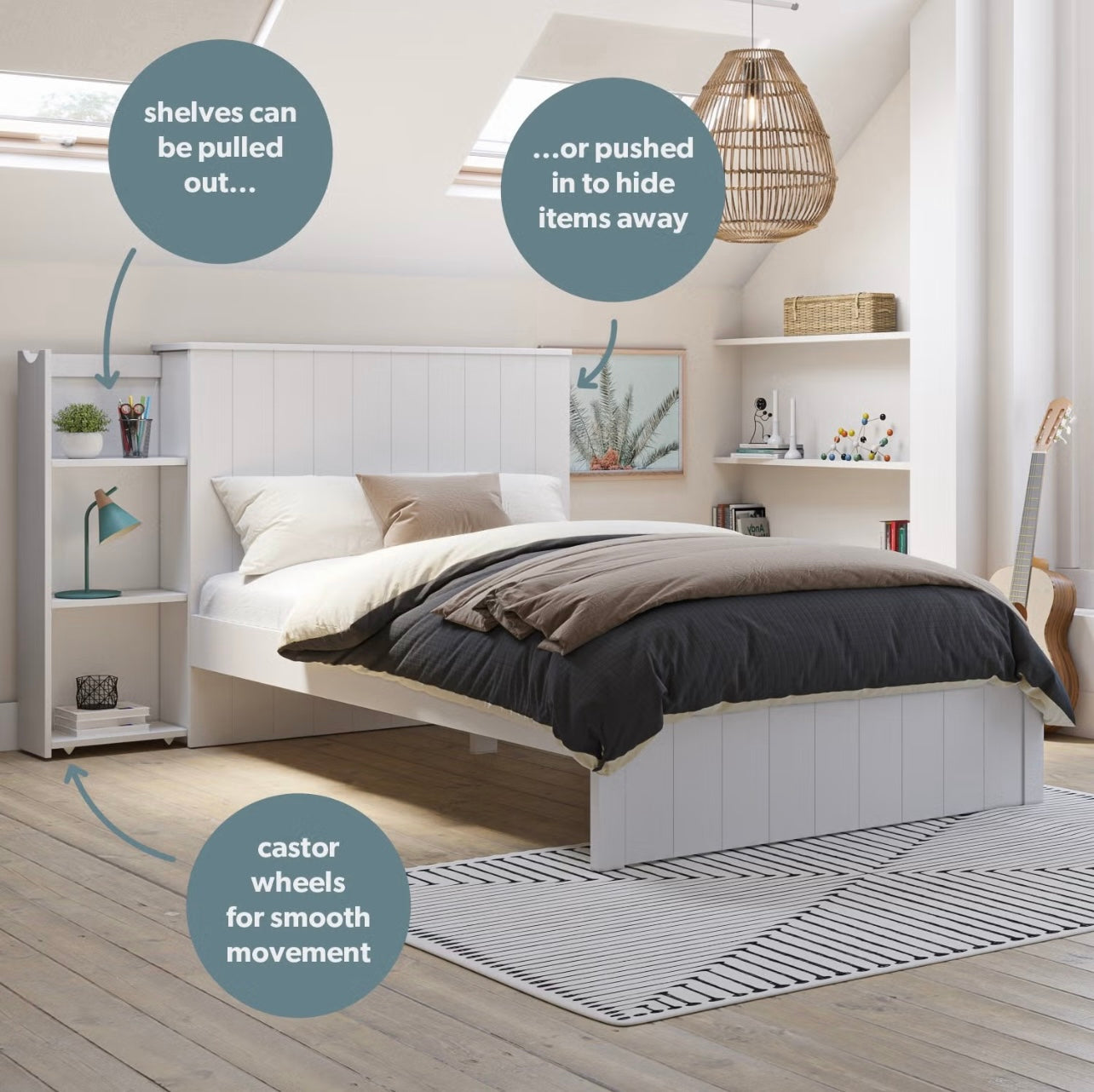 Modern Small Double Bed Frame Wooden with Storage and Bookshelves