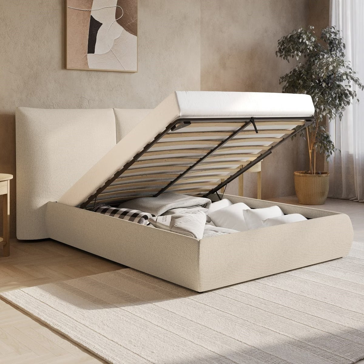 Beige Double Bed Ottoman with Storage and Headboard