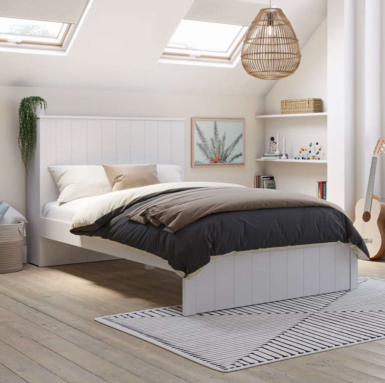 Modern Small Double Bed Frame Wooden with Storage and Bookshelves