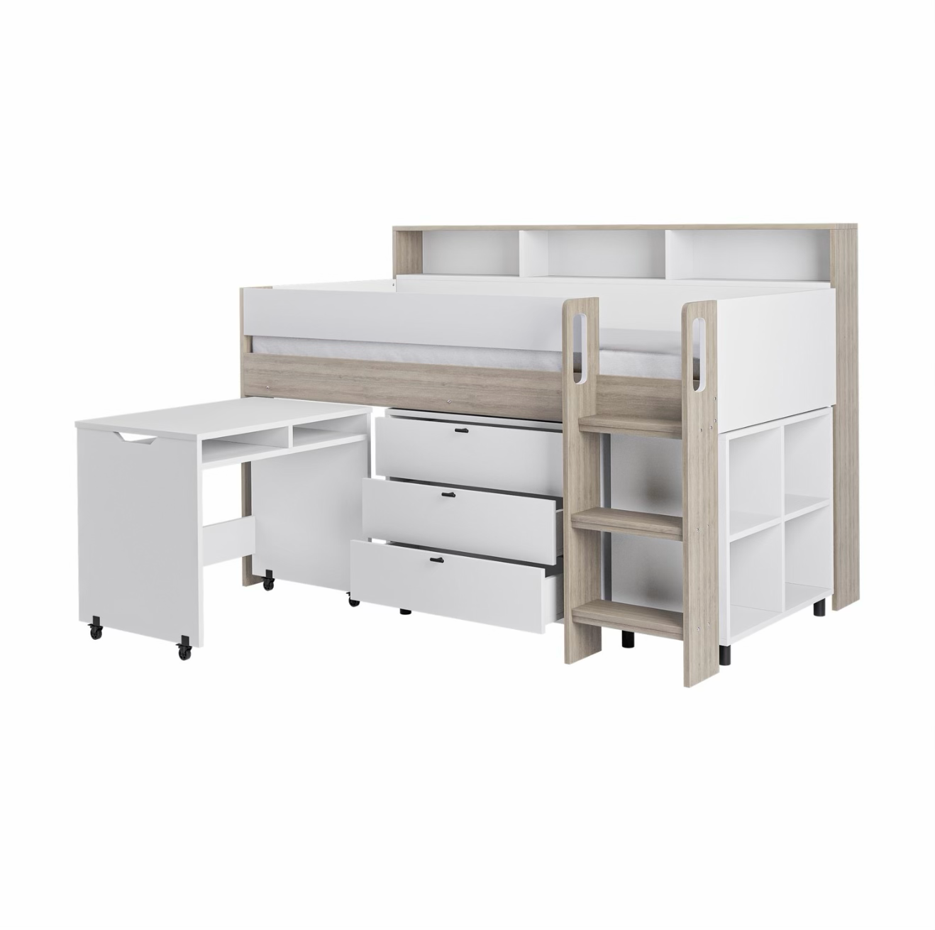 Kids Cabin Bed Mid Sleeper Single with Storage Drawers and Desk