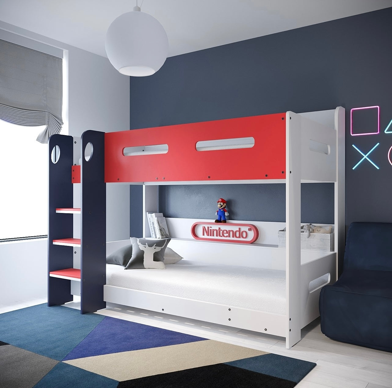 Bunk Bed Blue and White with Glowing Steps and Shelving