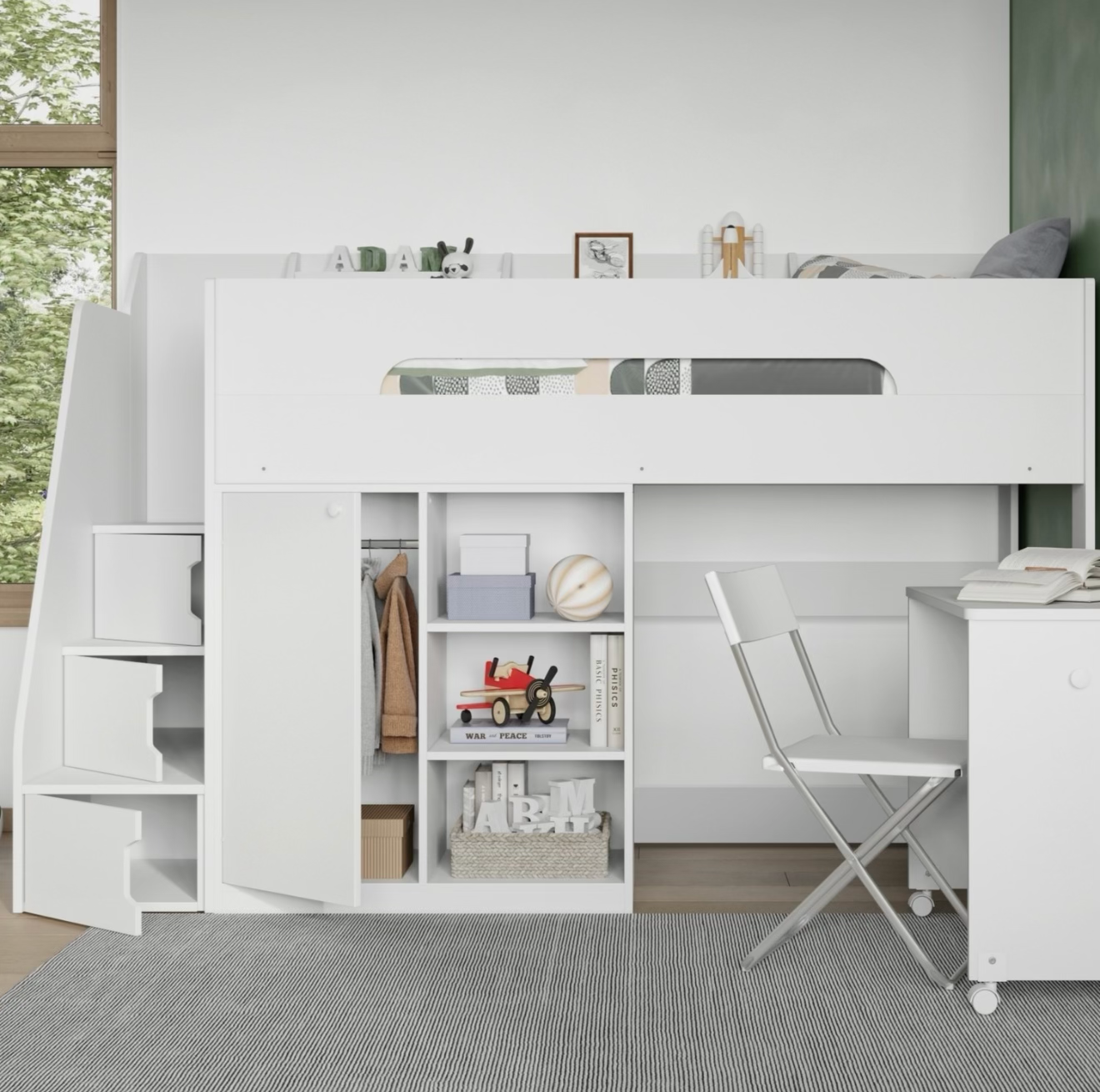 Kids White High Sleeper Bed Single with Desk and Clothes Rail