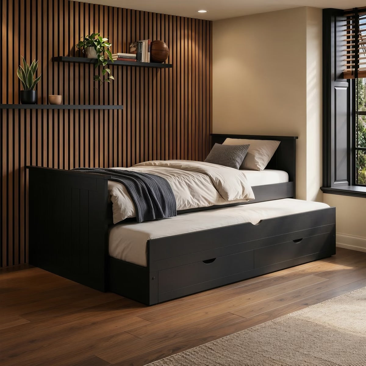 Black Guest Bed Pull Out Trundle with Storage Drawers