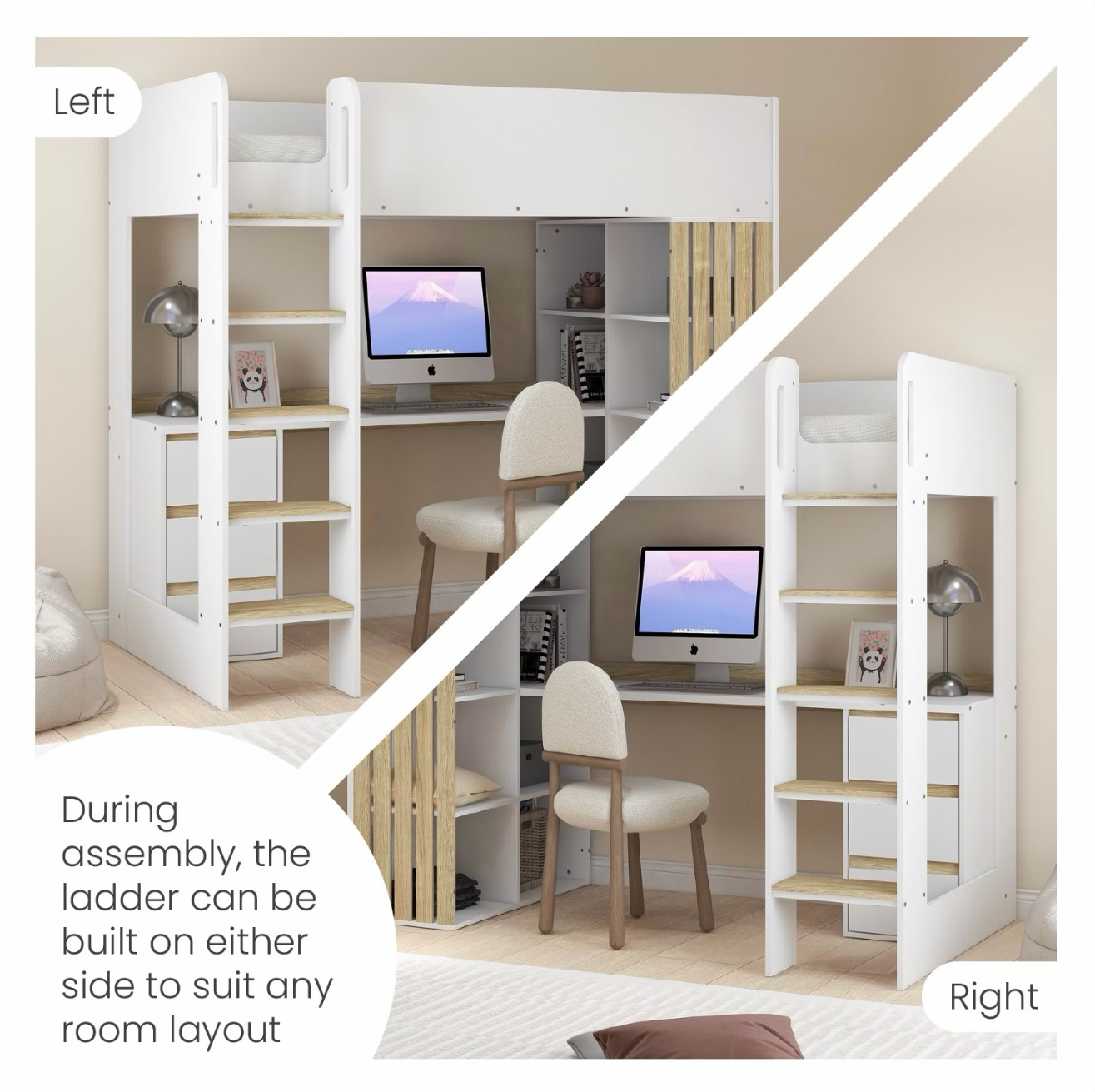 Kids High Sleeper Bed Single with Desk and Storage