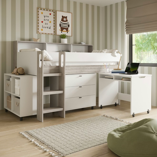 Kids Cabin Bed Mid Sleeper Single with Storage Drawers and Desk