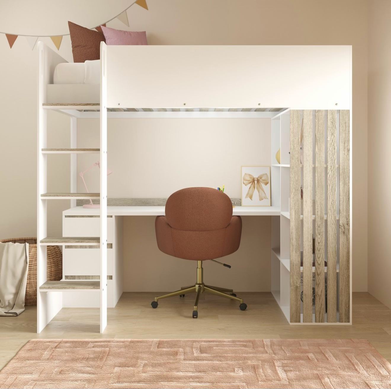 Kids High Sleeper Bed Single with Desk and Storage