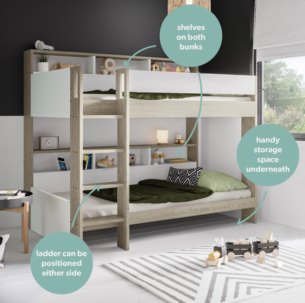 Kids Bunk Bed Wooden Frame Single Sleeper with Durable Shelving