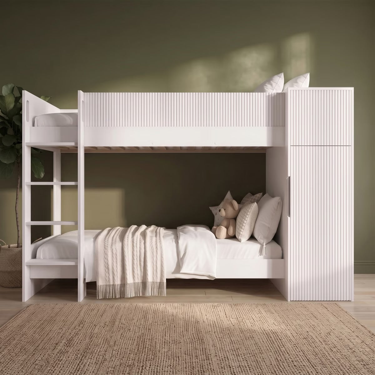 Kids Bunk Bed White with Wardrobe and Storage