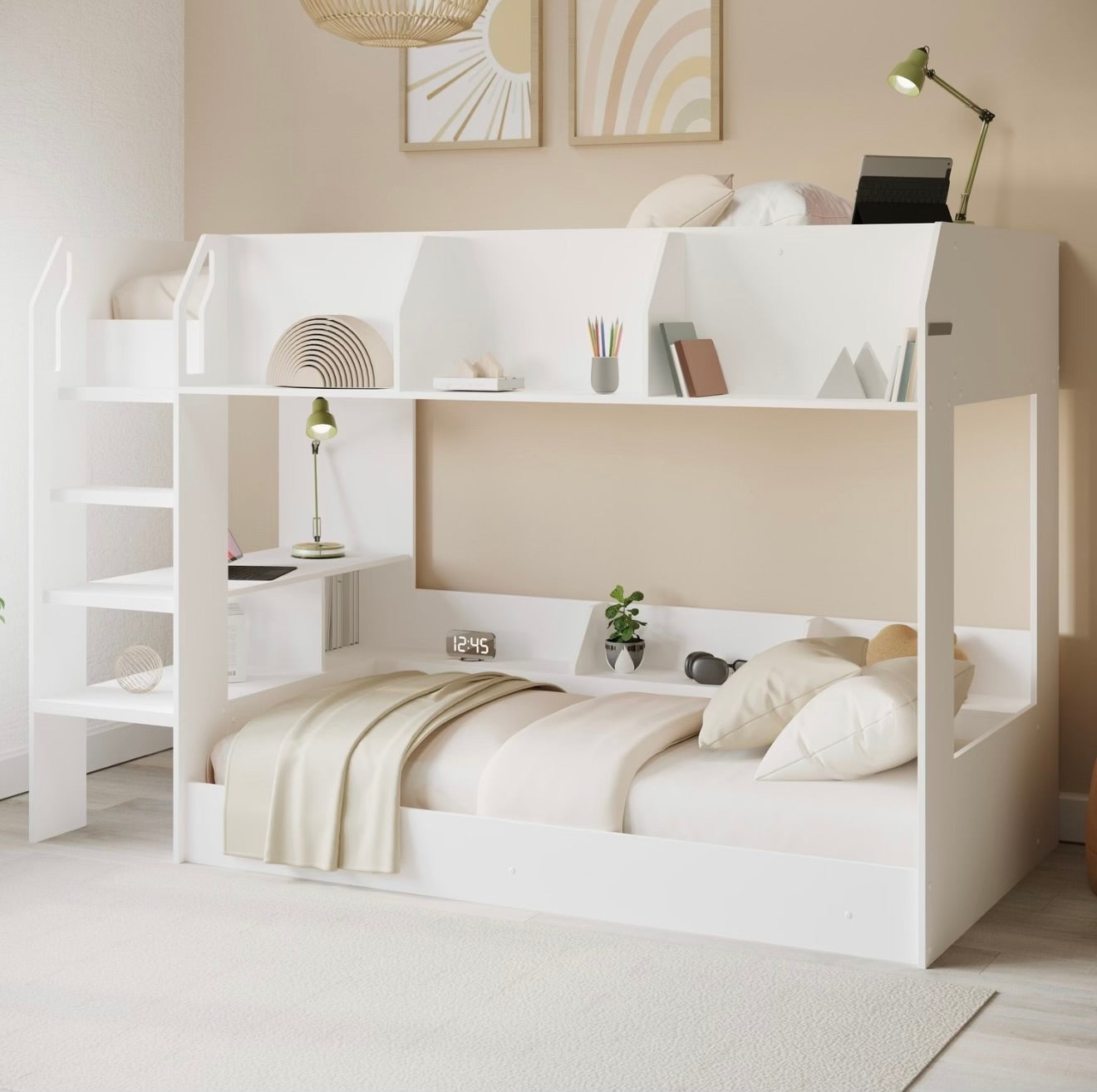 Kids Bunk Bed Single Sleeper Wooden with Storage and Shelves