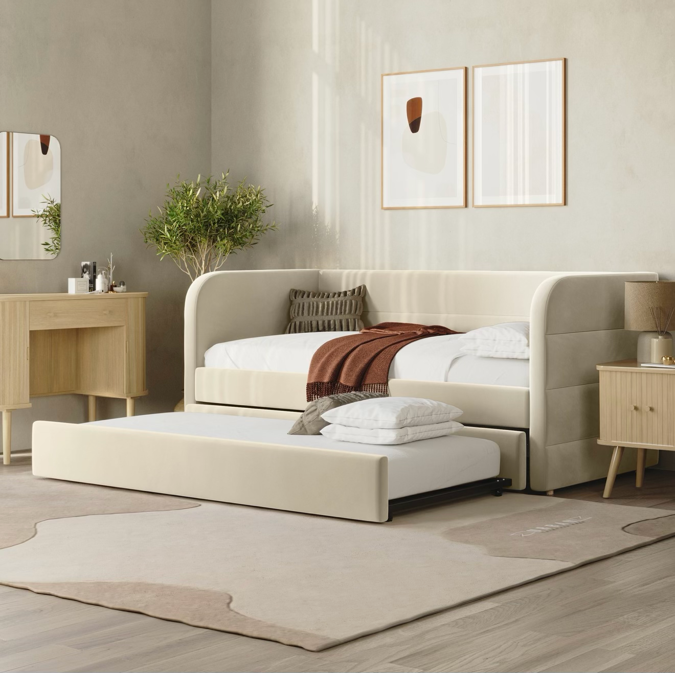 Velvet Daybed Single Guest Bed with Pull Out Trundle