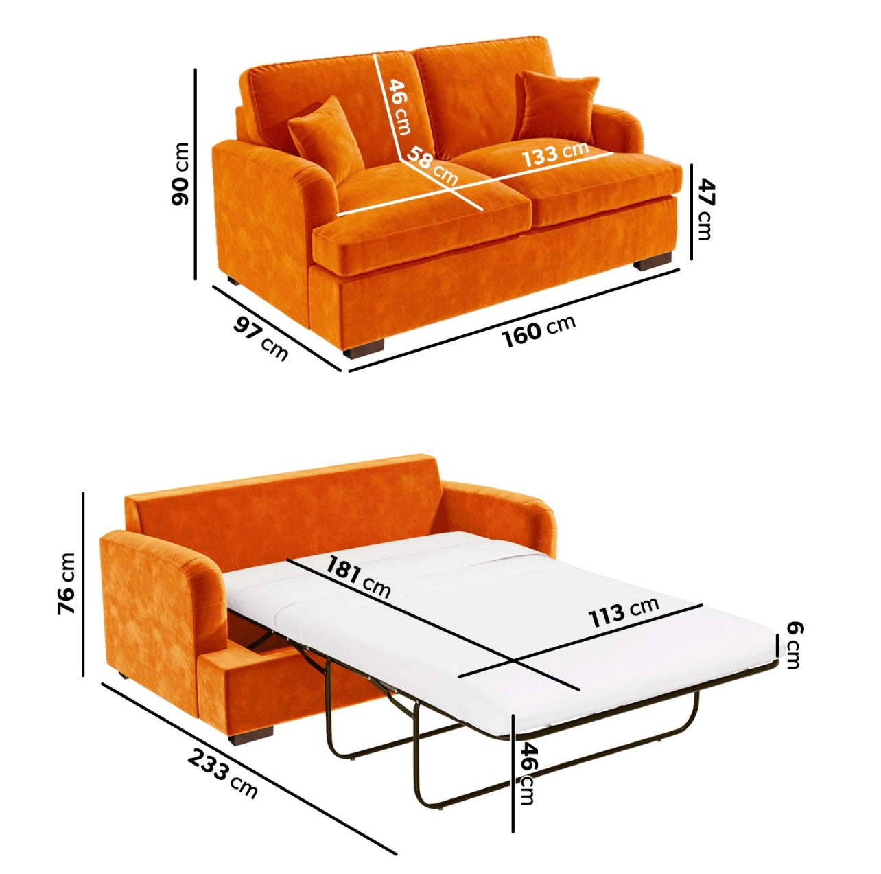 Velvet Sofa Bed 2 Seater Sleeper Sofa with Mattress and Cushions