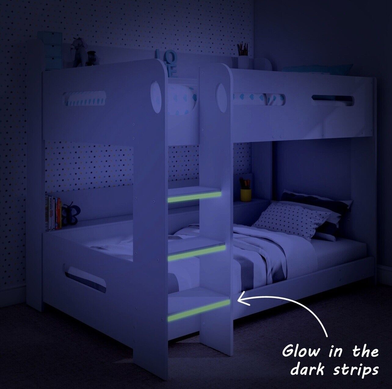 Kids White Bunk Bed with Shelving and Glowing Steps
