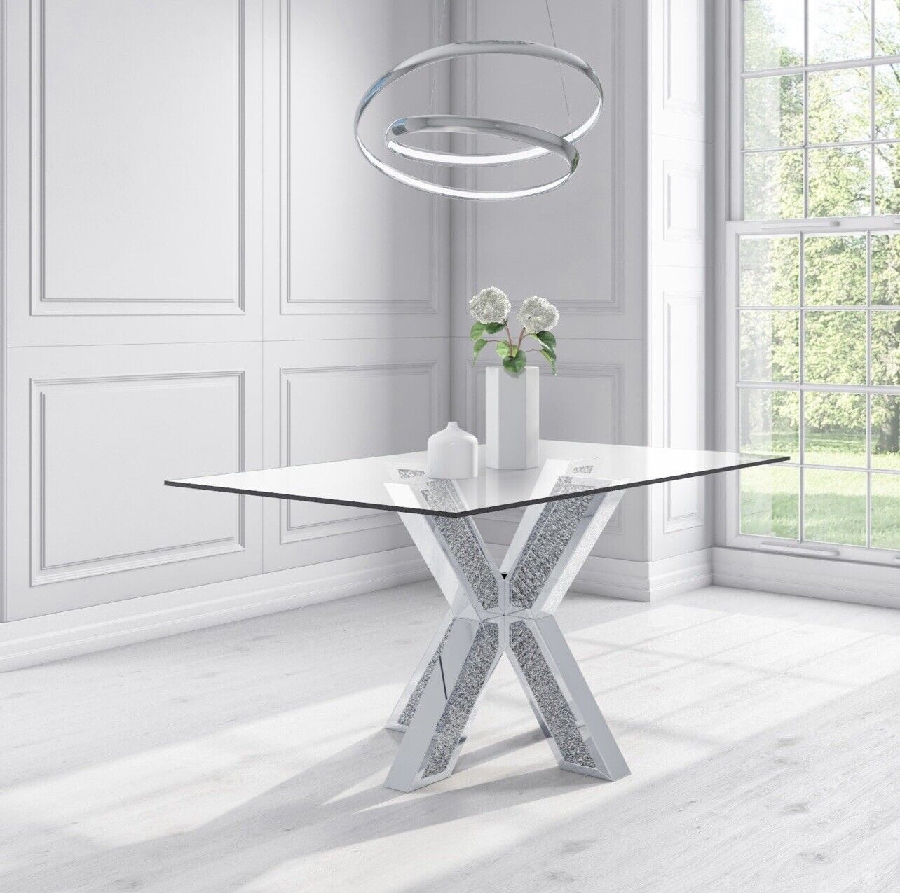 Modern Glass Dining Table with Stylish Mirrored Legs