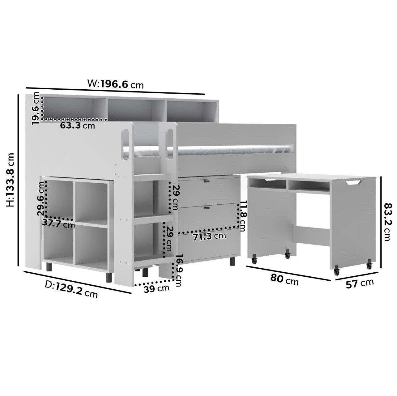 Kids Cabin Bed Mid Sleeper Frame Single with Storage Drawers and Desk