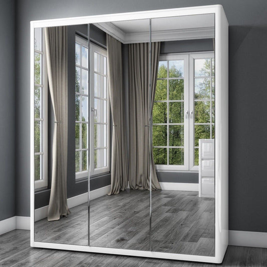 Mirrored Triple Wardrobe Hanging Clothes Rail and Storage Shelves