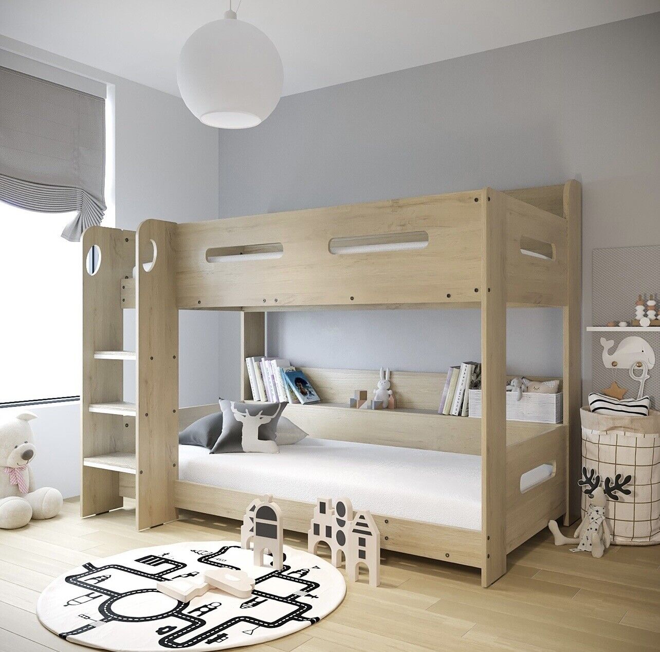 Kids Wooden Bunk Bed in Brown with Shelving