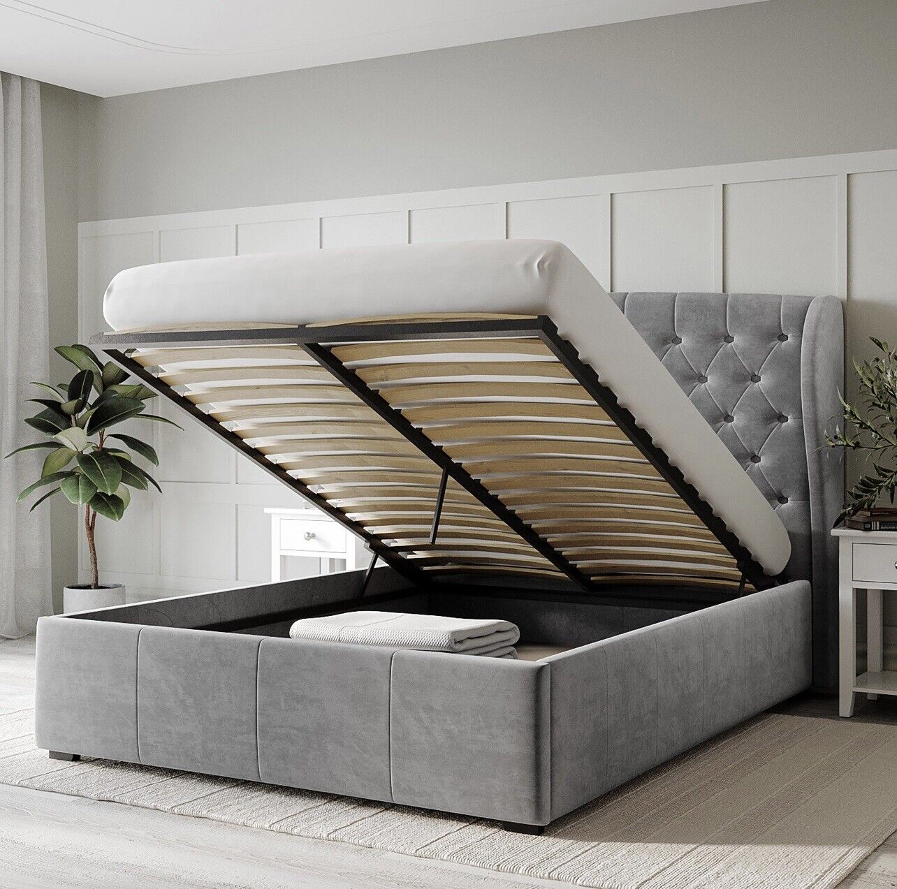 Grey Velvet Double Size Bed Frame Ottoman Storage Gas Lift