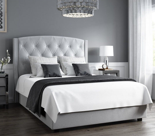 King Size Ottoman Bed in Grey Velvet with Storage and Studded Headboard