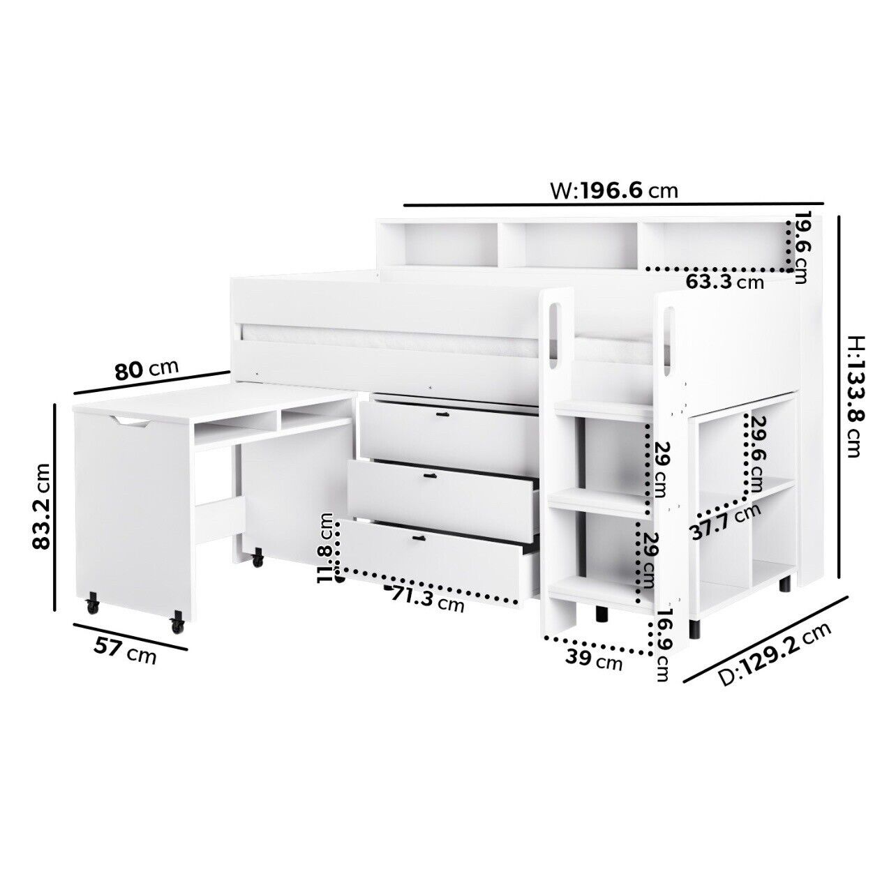 Kids Cabin Bed Mid Sleeper Frame Single with Storage Drawers and Desk