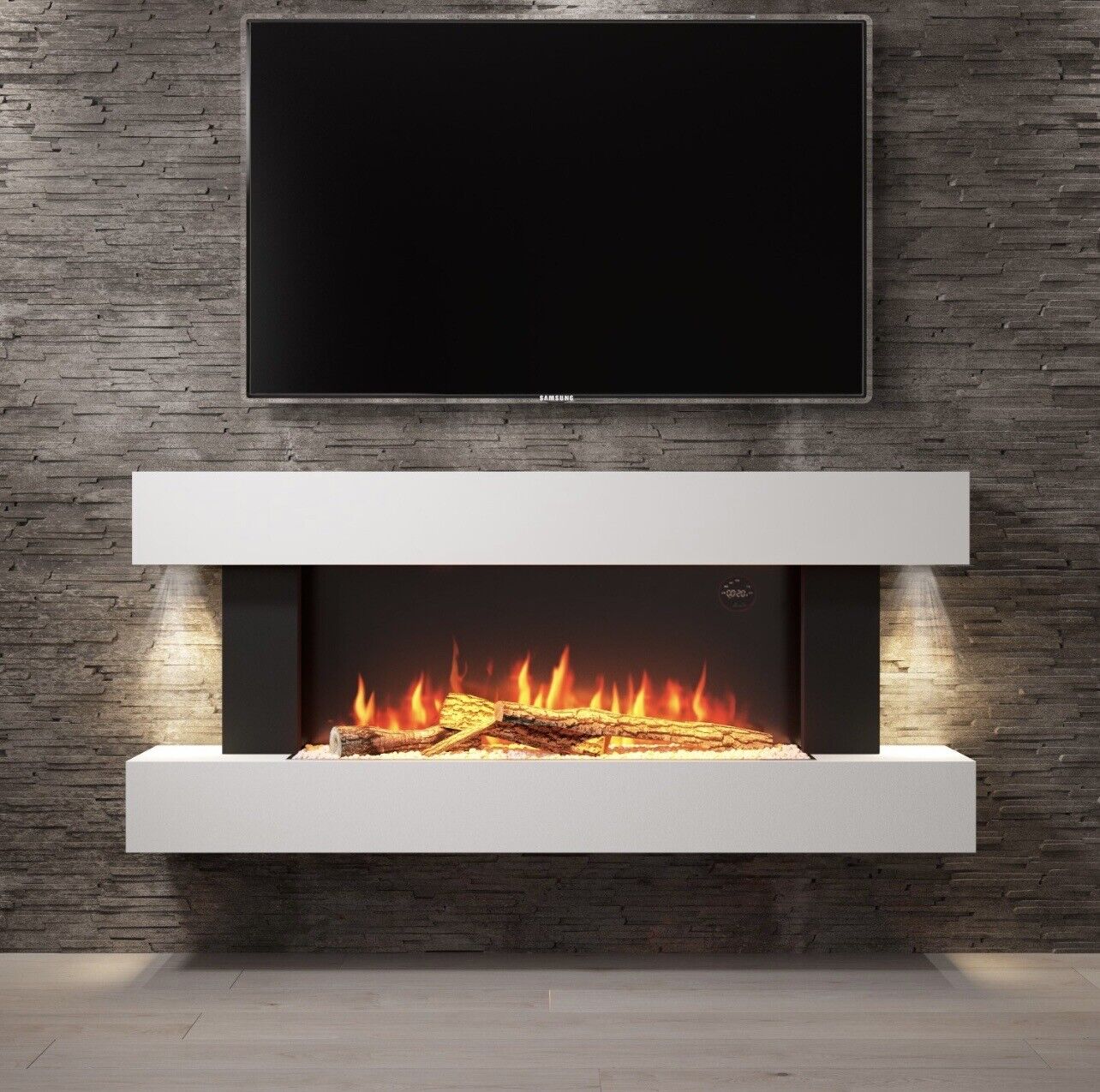 White Electric Fire Wall Mounted with LED Flame and Remote Control