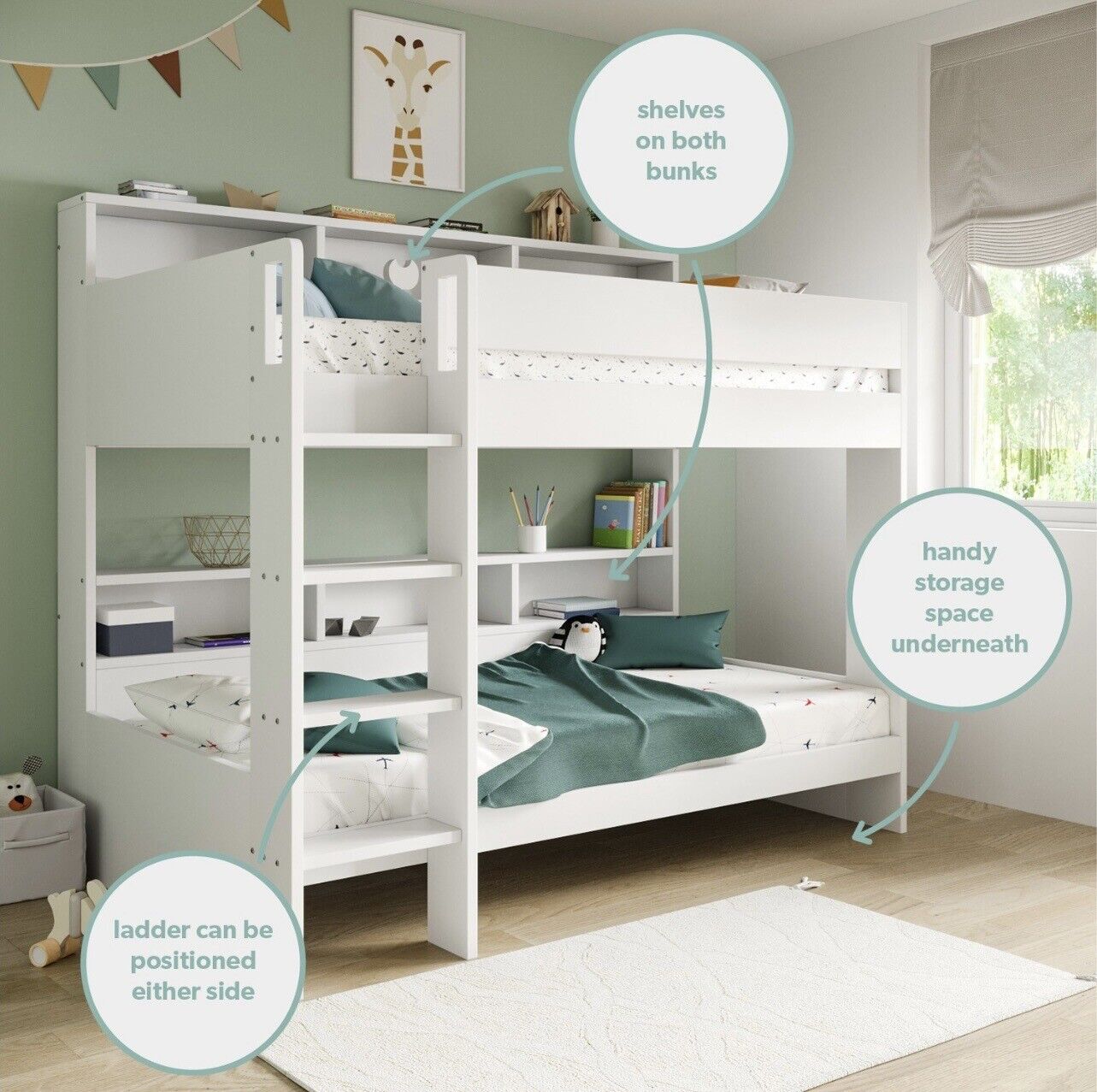 Kids Bunk Bed Wooden Frame Single Sleeper with Durable Shelving