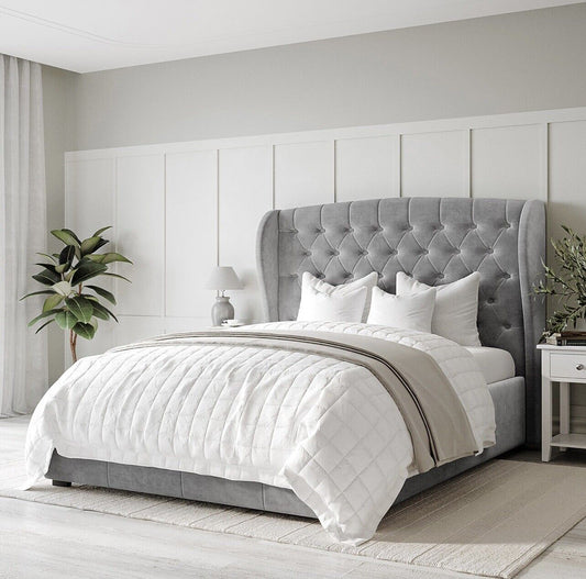 Grey Velvet King Size Bed Frame Ottoman Storage Gas Lift