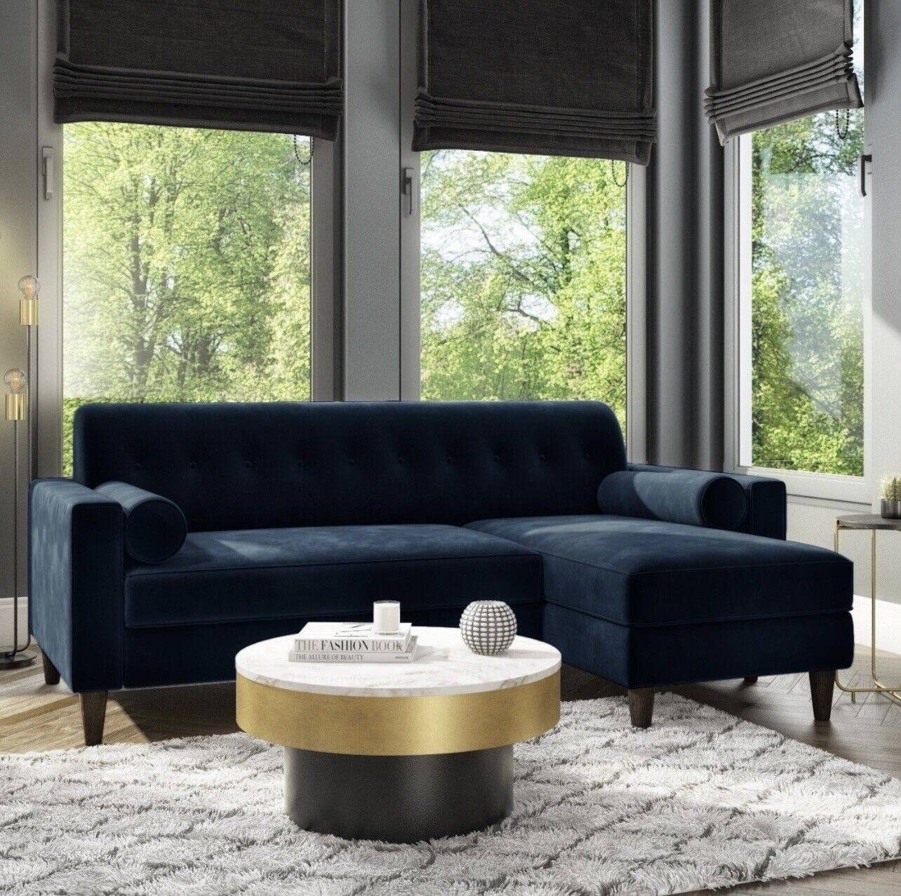 Velvet Corner Sofa Three Seater Couch with Bolster Cushions