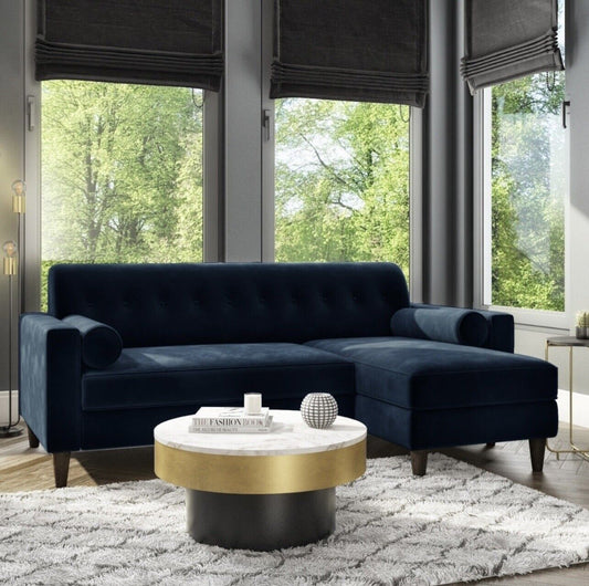 Velvet Corner Sofa Three Seater Couch with Bolster Cushions