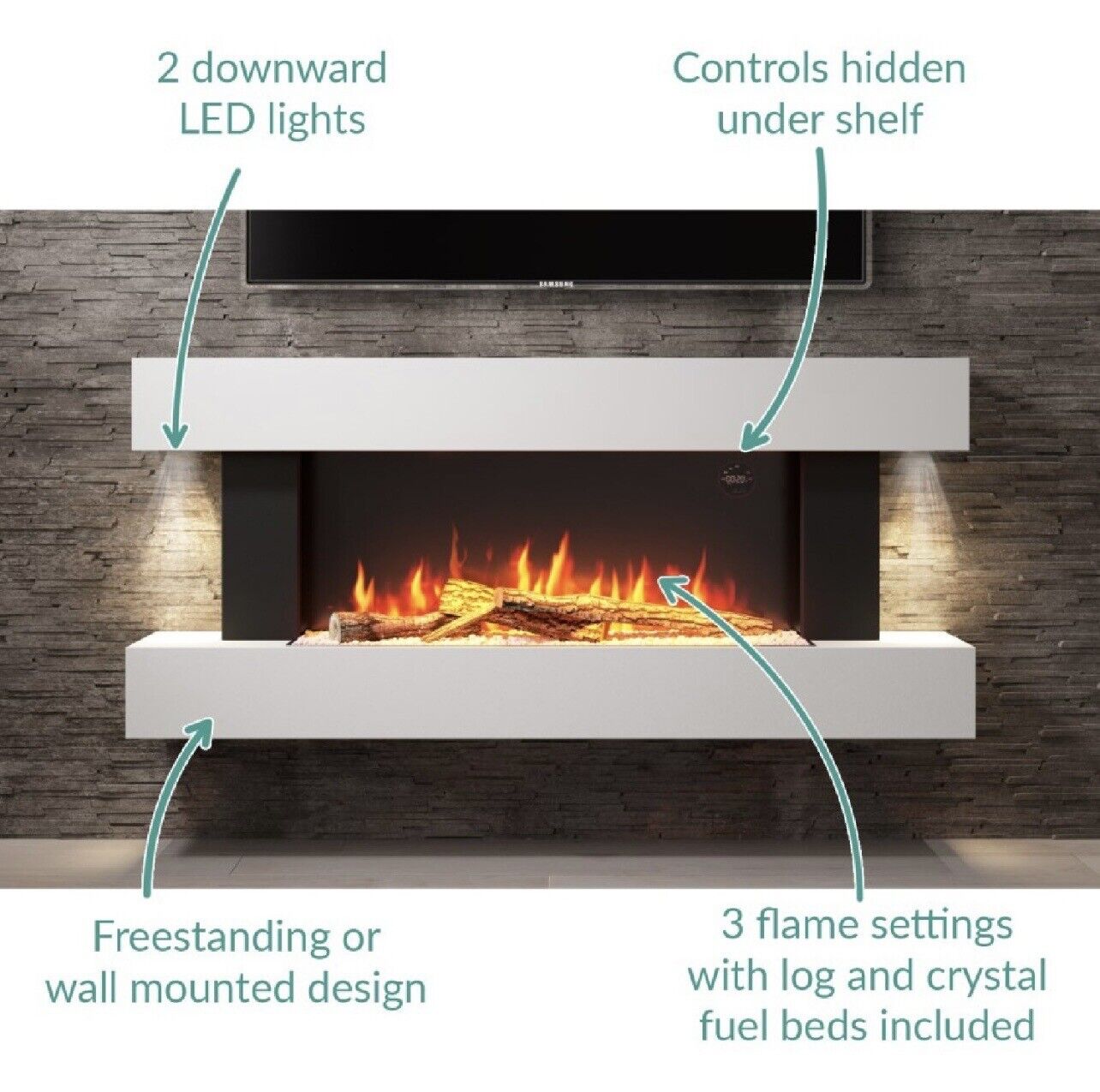 White Electric Fire Wall Mounted with LED Flame and Remote Control