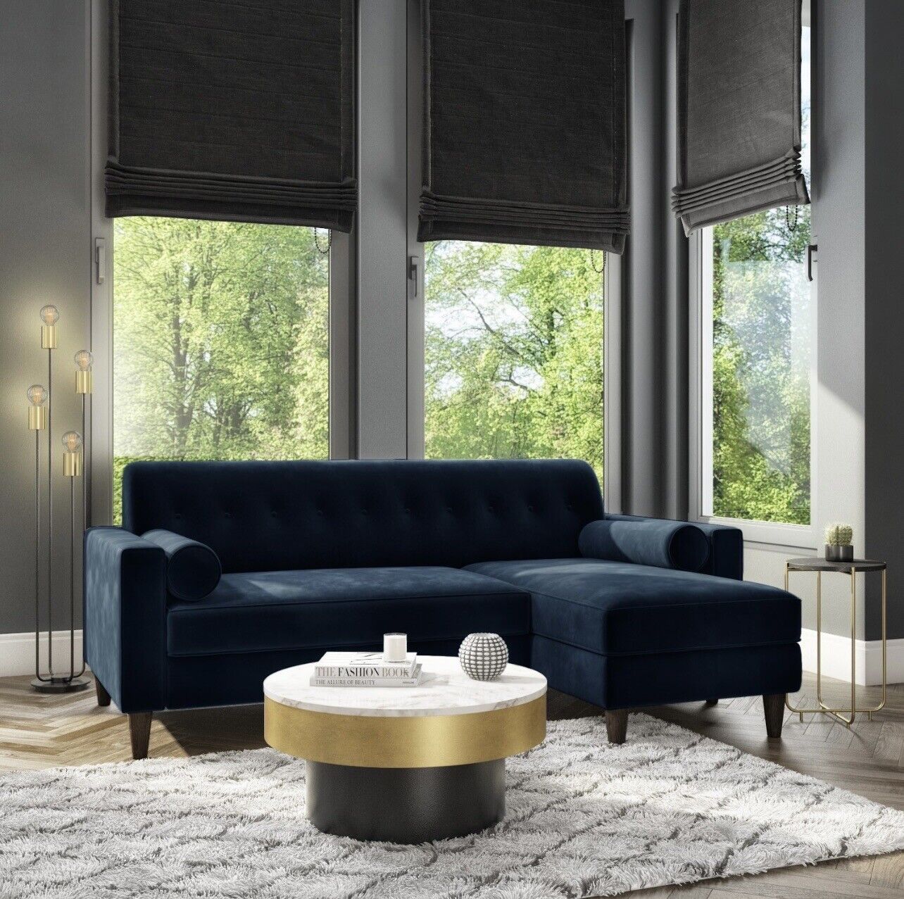 Velvet Corner Sofa Three Seater Couch with Bolster Cushions