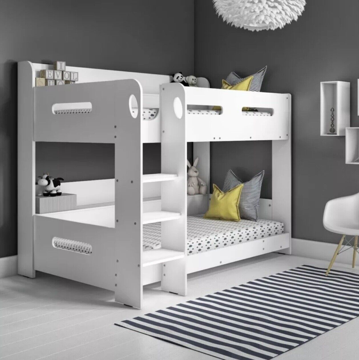 Kids White Bunk Bed with Shelving and Glowing Steps