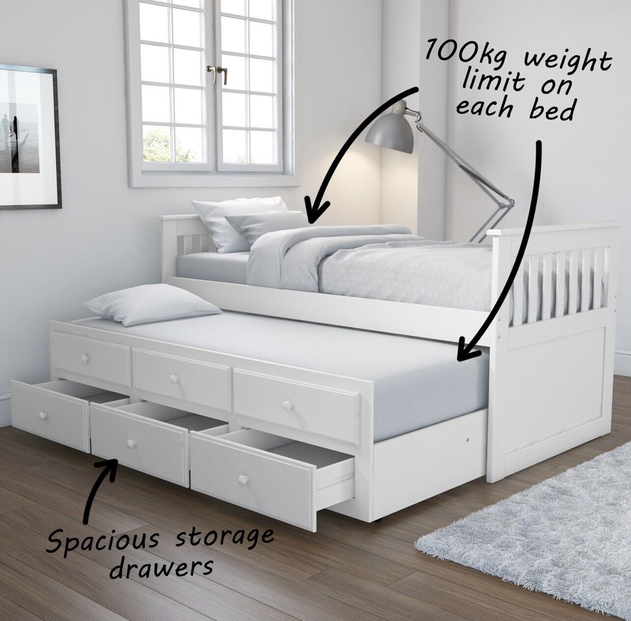White Single Guest Bed Pull Out Trundle with Drawers