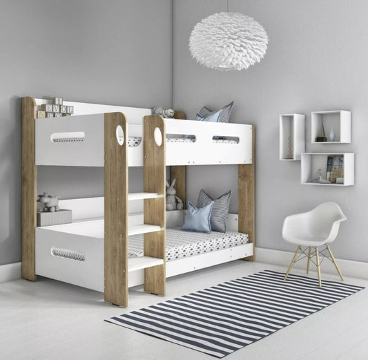 Kids White Bunk Bed Girls Boys with Shelves and Glowing Steps